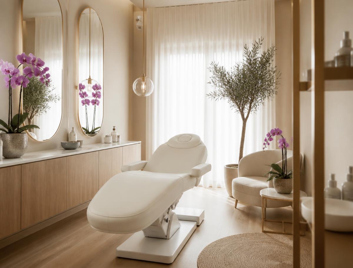 Moderne salonginteriør i beige og lilla toner